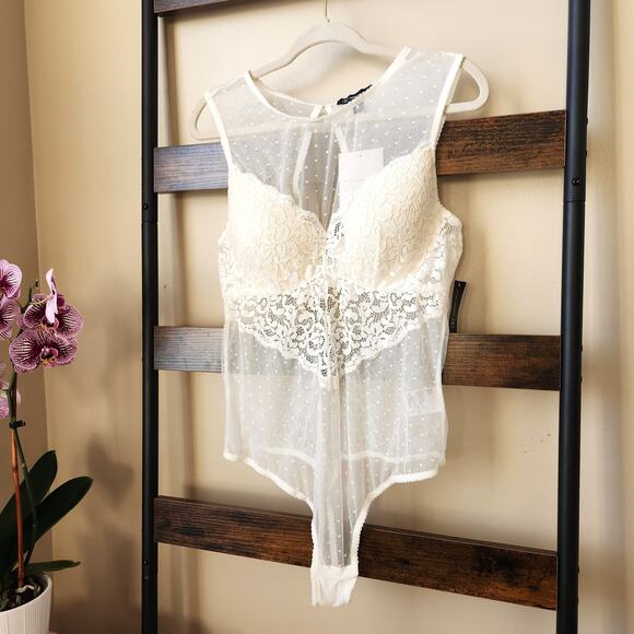 INC International Concepts Women White Cupped Swiss Dot Thong Bodysuit Size XL - Picture 2 of 5